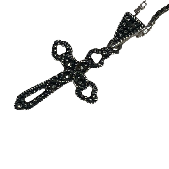 Neckless Pendent Jewelry - Sterling Silver Cross 925 Vintage Marcasite Pendant Neckless 18" chain is SS too